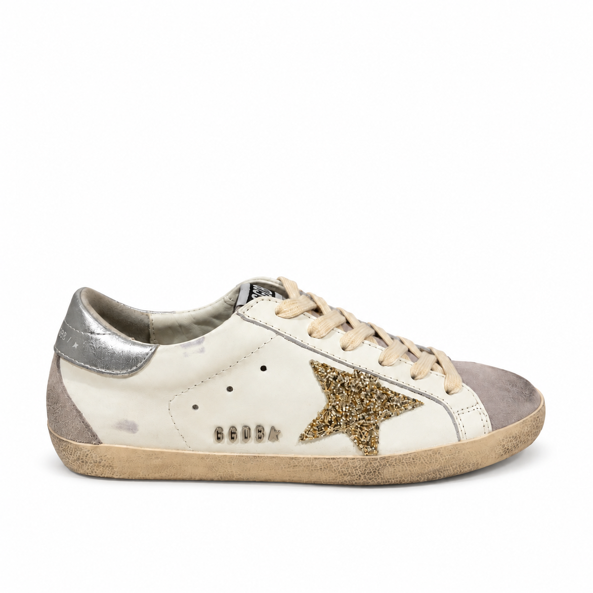 Golden Goose Women’s White Super-Star Sneakers with Gold Glitter Star