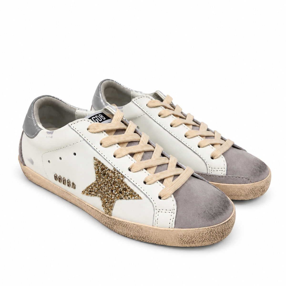 Golden Goose Women’s White Super-Star Sneakers with Gold Glitter Star