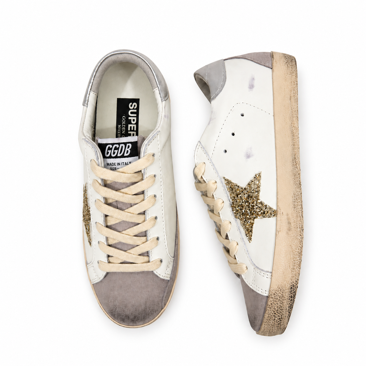 Golden Goose Women’s White Super-Star Sneakers with Gold Glitter Star